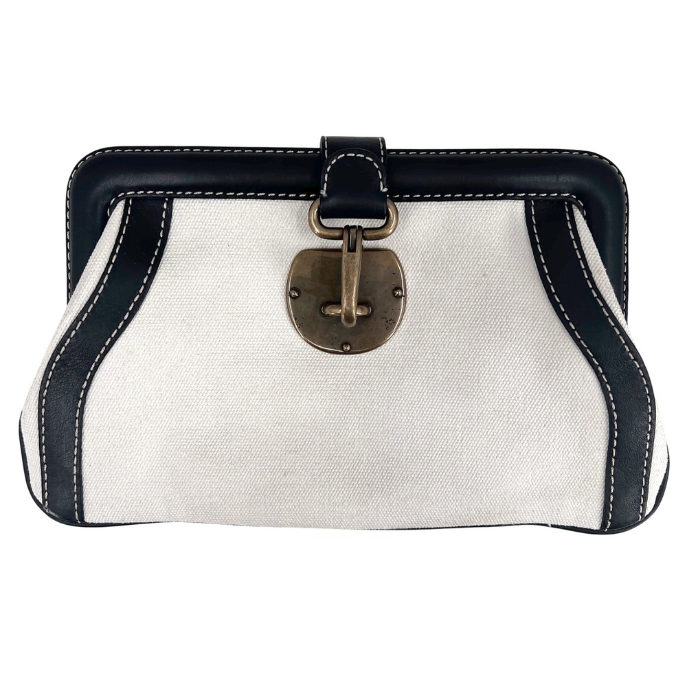 NWT J.Crew Collection Clutch Cream Canvas Black Leather Frame Bag Brass Clasp